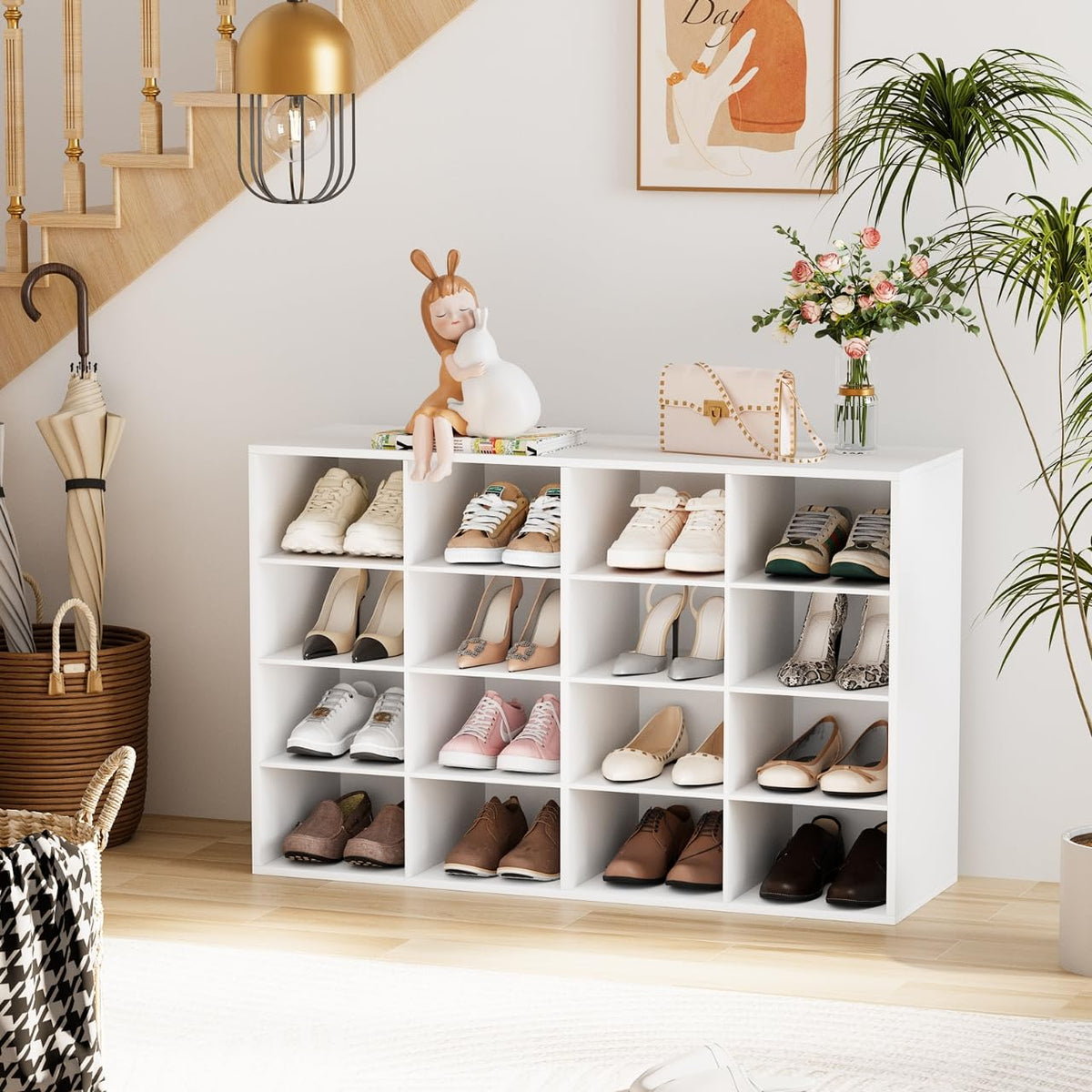 16 Cube Shoe Organizer, 4 Tier White Wood Cubby Rack