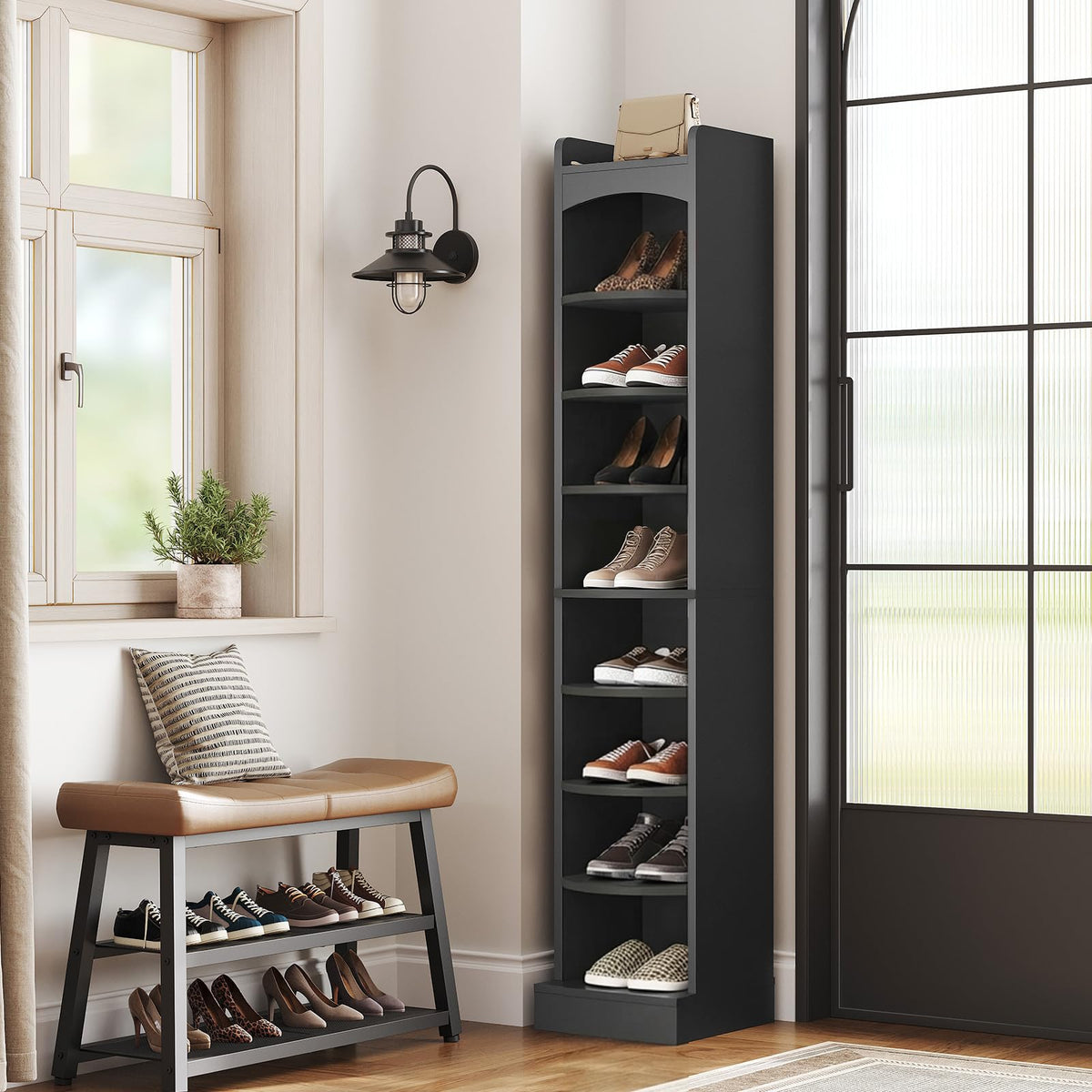 9 Tier Tall Shoe Rack, Narrow Black Wood Shelf, Holds 9 Pairs