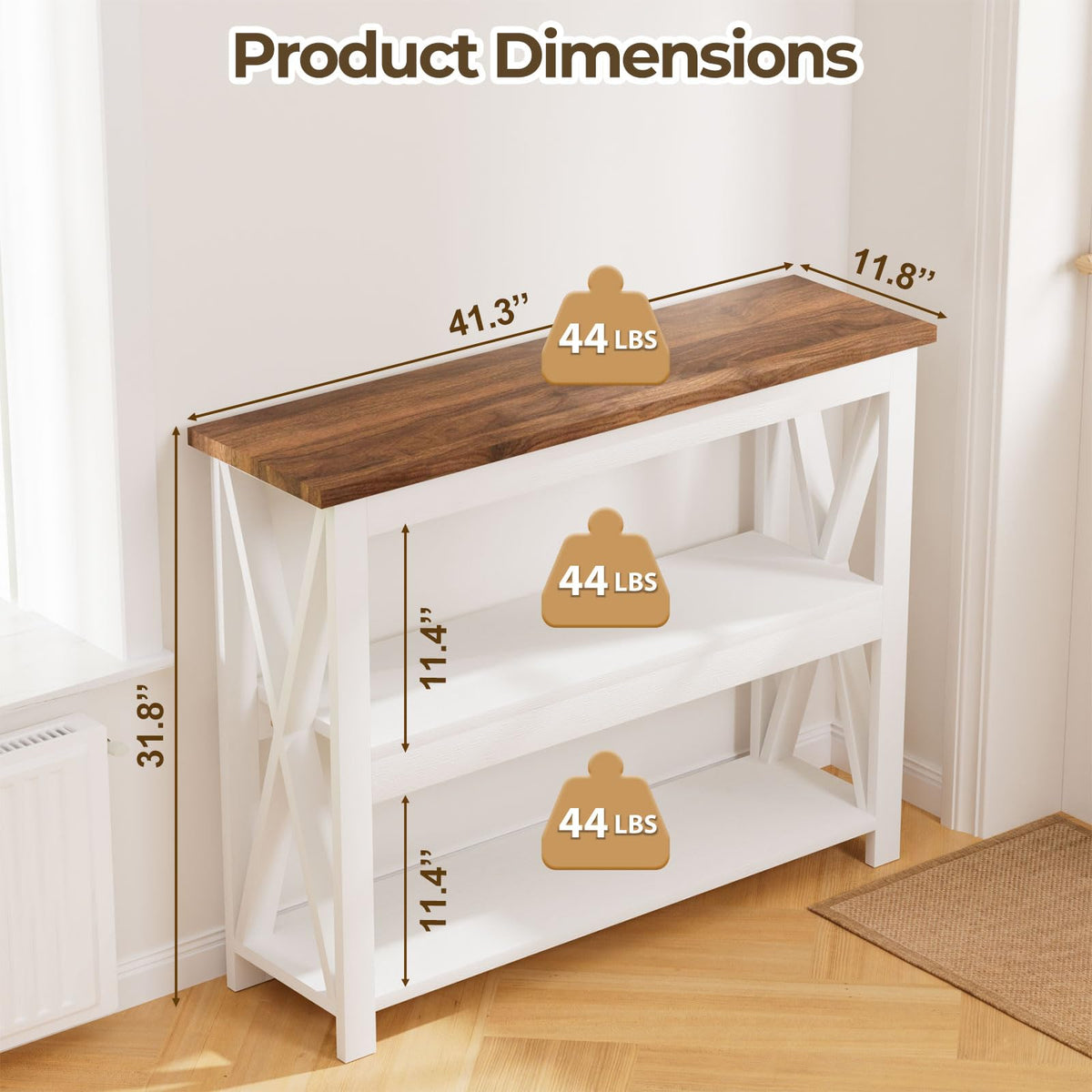 White 3 Tier Console Table, 41 Inch Narrow Entryway Shelf with X Legs