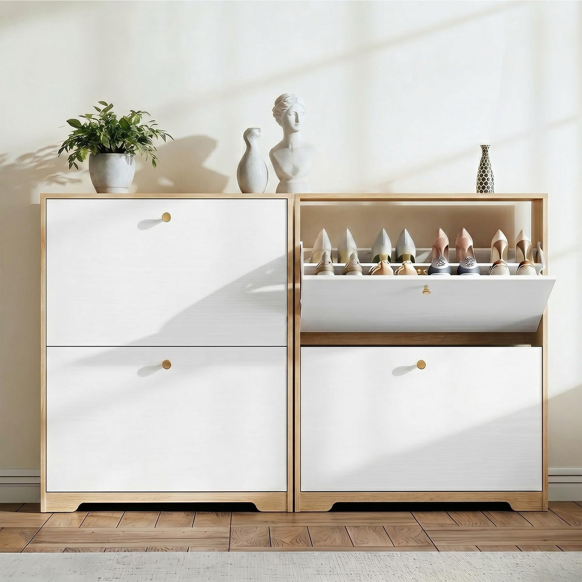 Two-Tone Shoe Storage Cabinet, 2 Flip Drawers, Oak and White