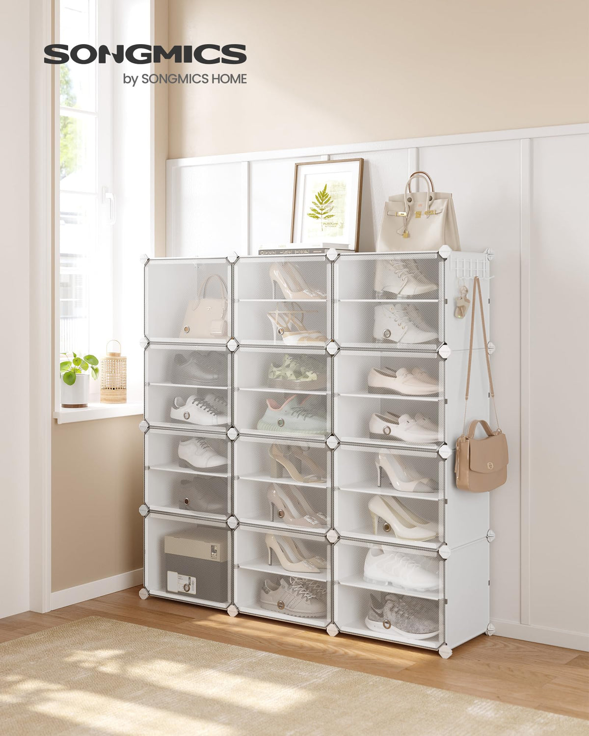 12 Cube Shoe Cabinet with Clear Doors, Holds 48 Pairs, Steel and Plastic