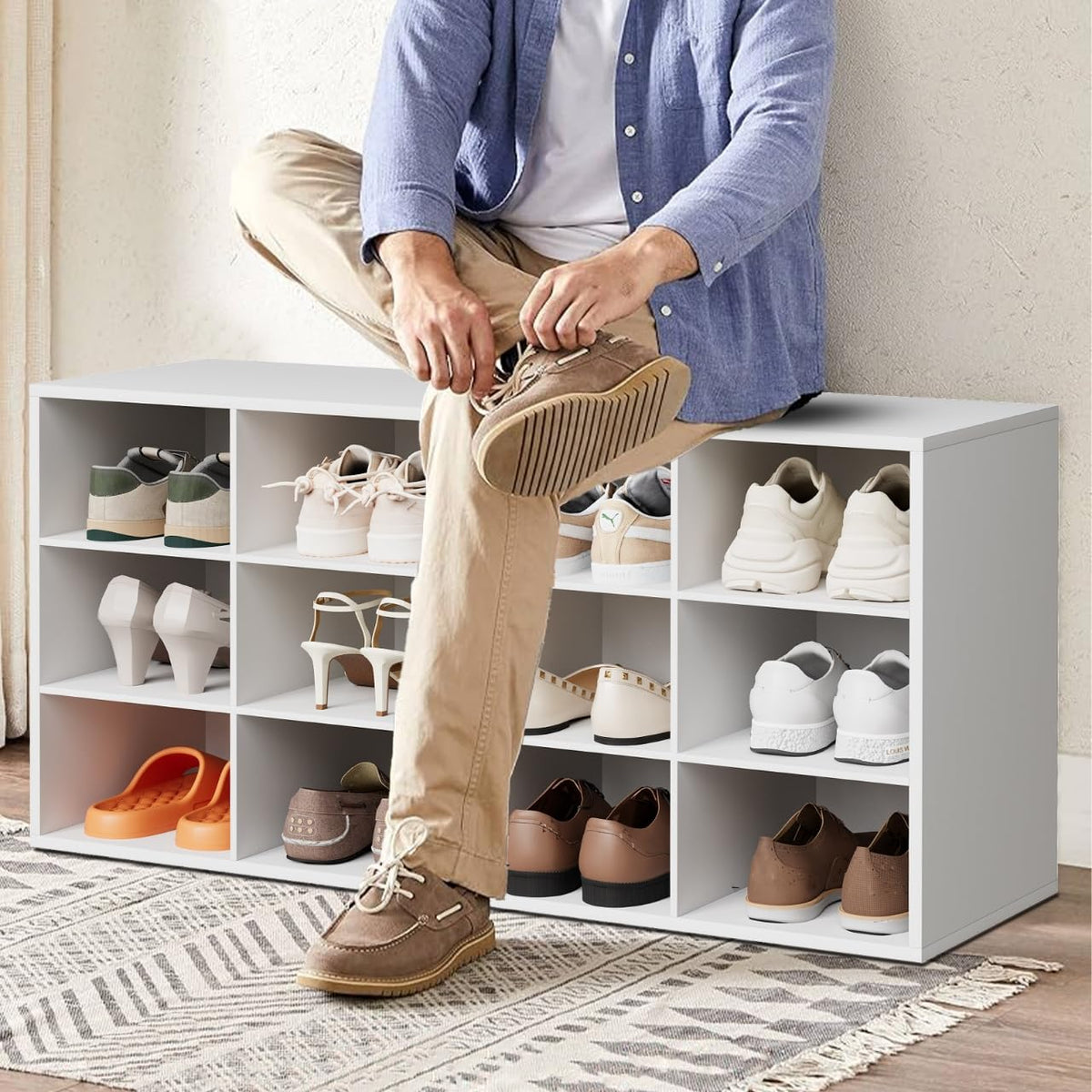 White 12-Cubby Shoe Bench, 3 Tiers, 36.22 Inch
