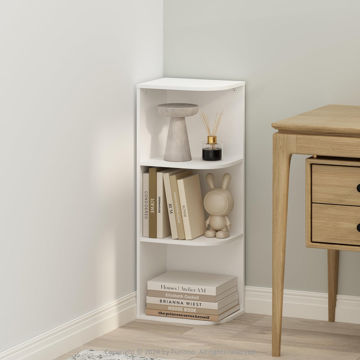 3 Tier White Corner Shelf, 31.5 Inch Small Bookcase