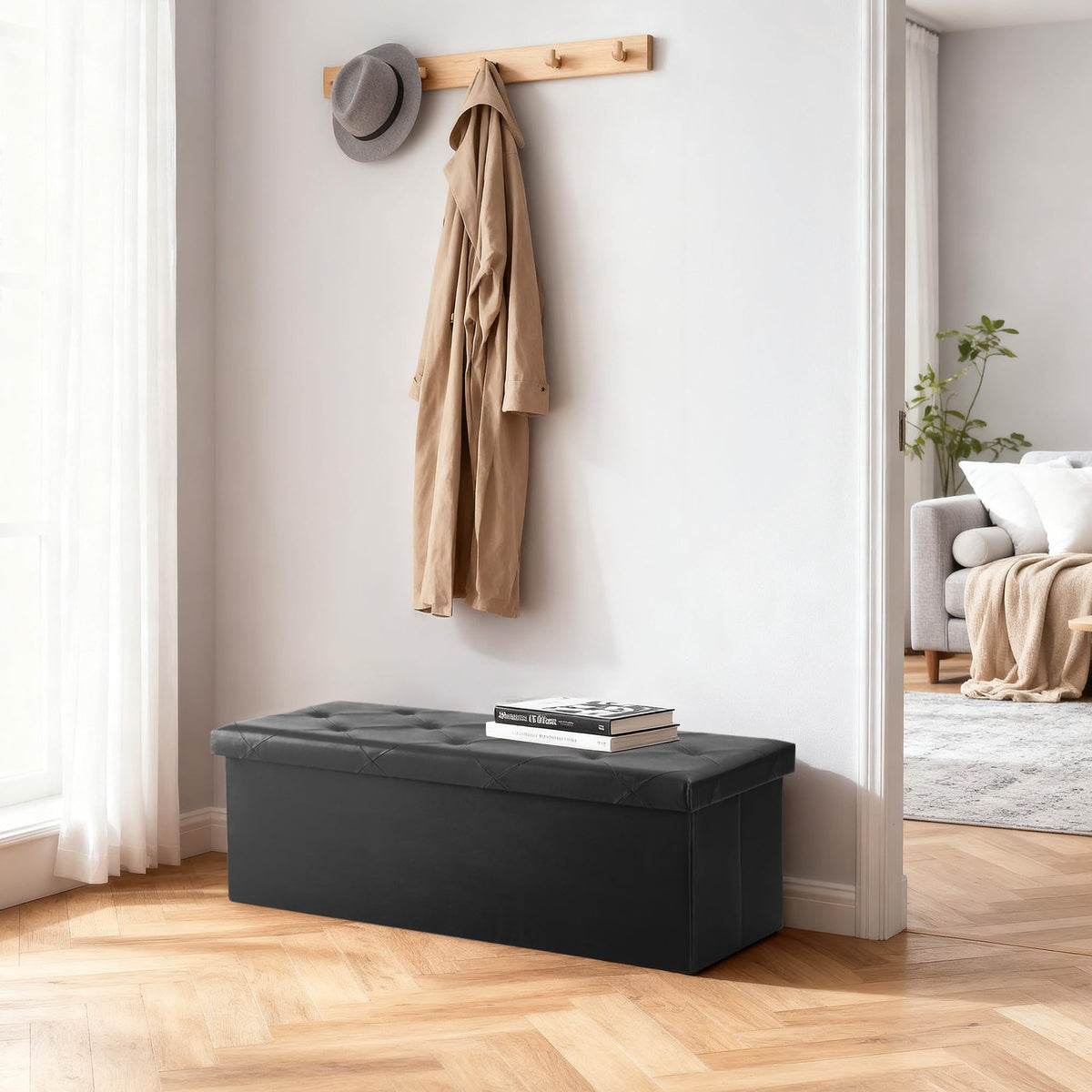 Black Faux Leather Storage Ottoman Bench, 43 Inch, Folds Flat