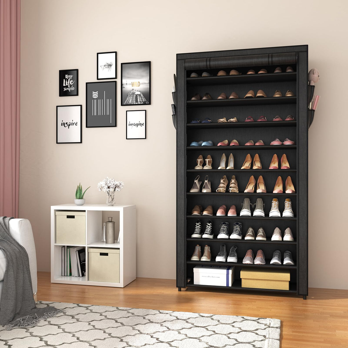10 Tier Covered Shoe Rack, Holds 50 Pairs, Tall Metal Organizer