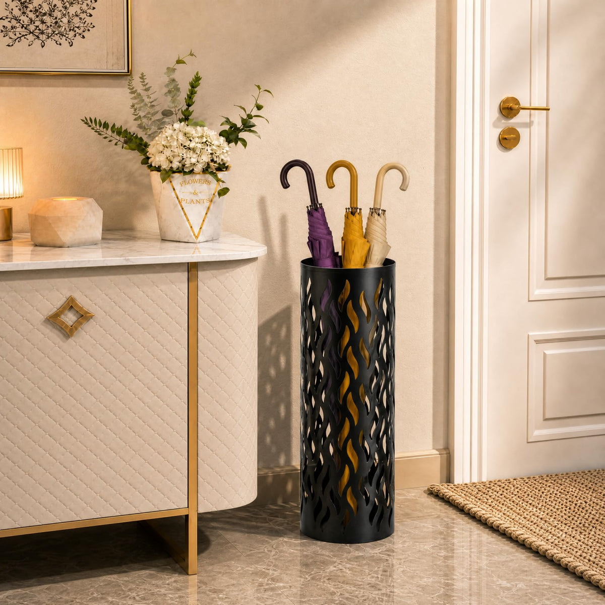Round Black Metal Umbrella Stand, 15.7 Inch Open Mesh Design