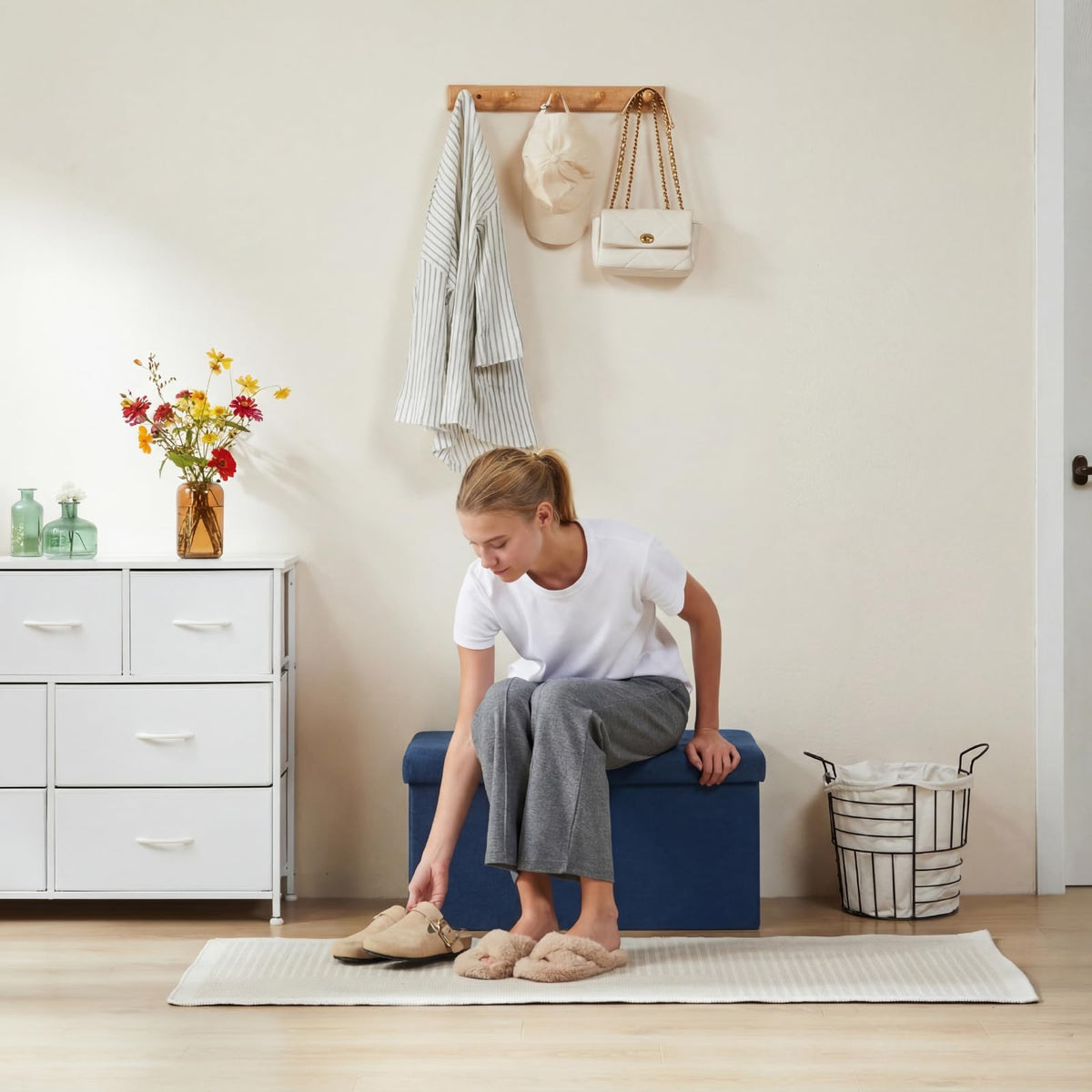 Blue Linen Storage Ottoman Bench, 30 Inch, 24 Gallon with Divider