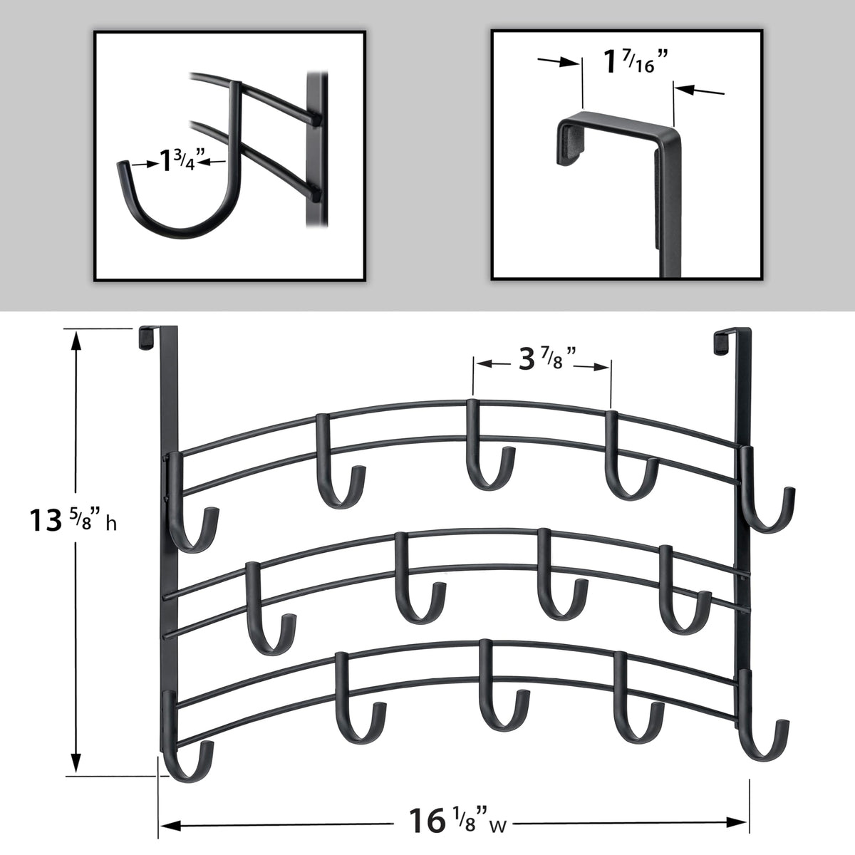 14 Hook Over the Door Rack, 3 Tier Steel Hanger for Coats, Black