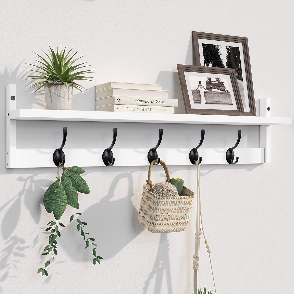 Wood Wall Shelf with 5 Dual Hooks, 28.9 Inch Long