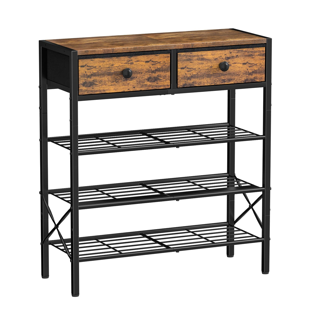 4 Tier Rustic Brown Shoe Rack with 2 Drawers, Holds 12 to 16 Pairs