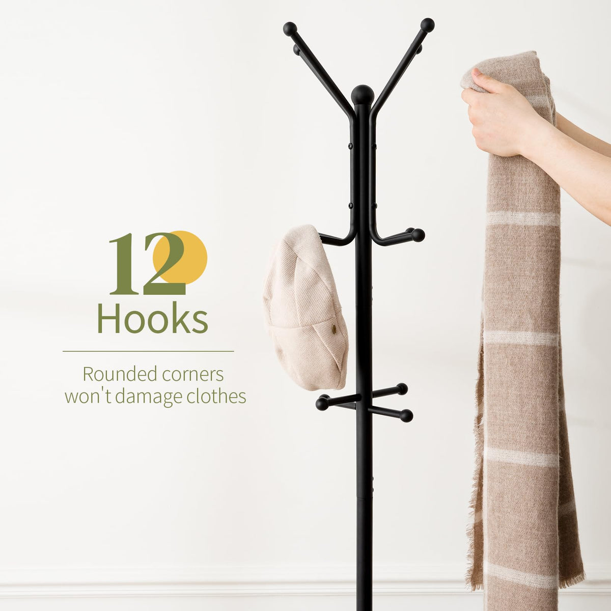 Metal Coat Tree with Umbrella Holder and 12 Hooks, Freestanding Coat Rack