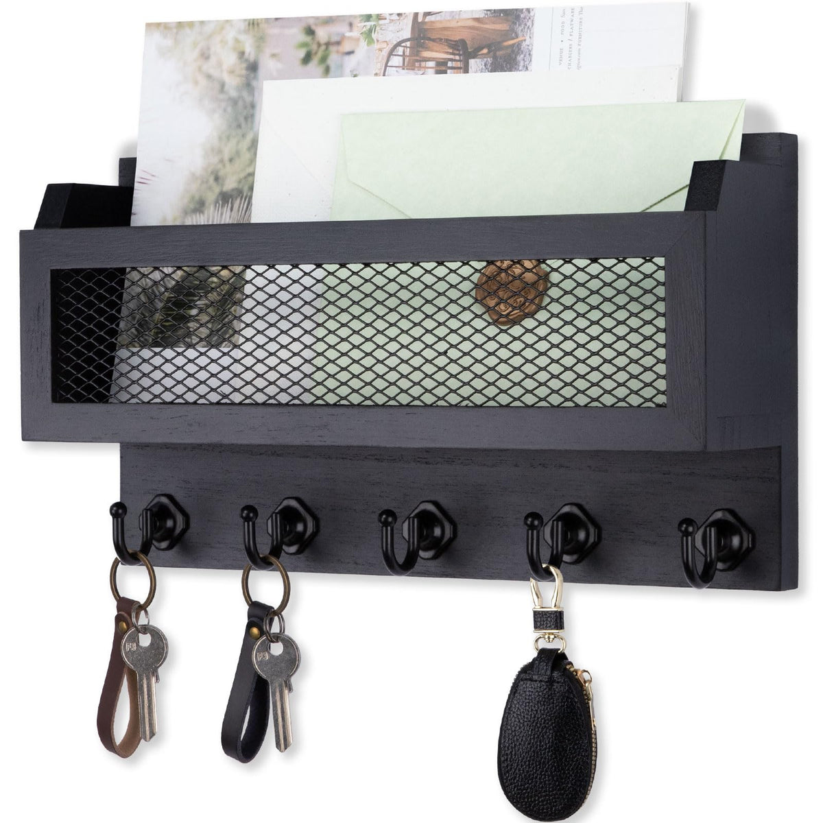 Wall Mail and Key Holder, 11 Inch Wood Organizer with 5 Hooks, Black