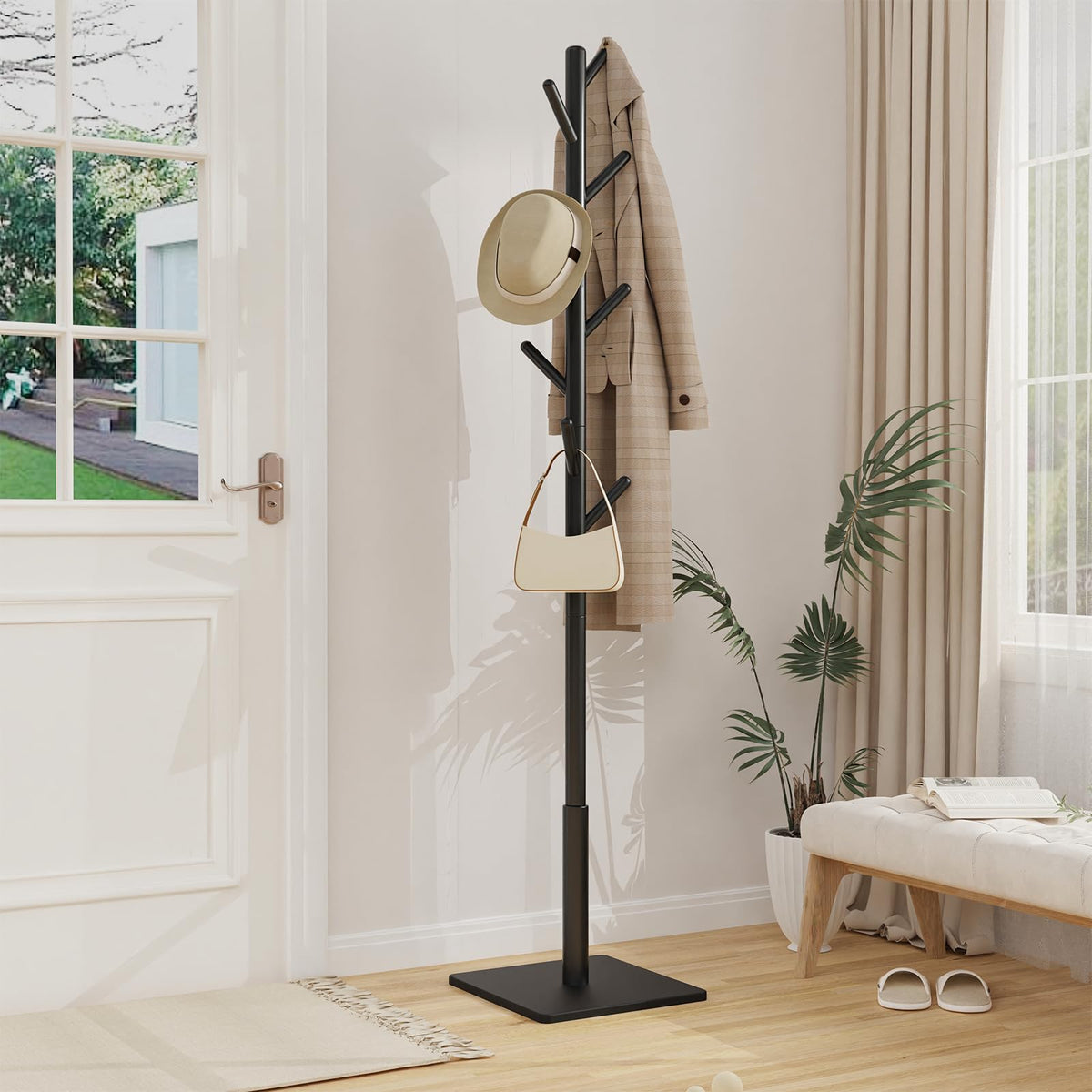 Solid Wood Coat Tree with 8 Staggered Hooks, 70.9 Inch, Black