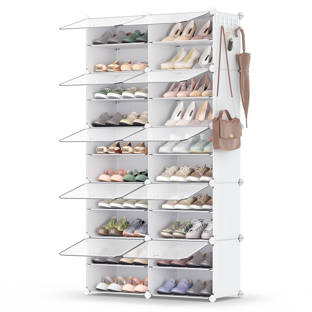 Shoe Storage Cabinet with Doors, 10 Cubes for 40 Pairs, White and Clear