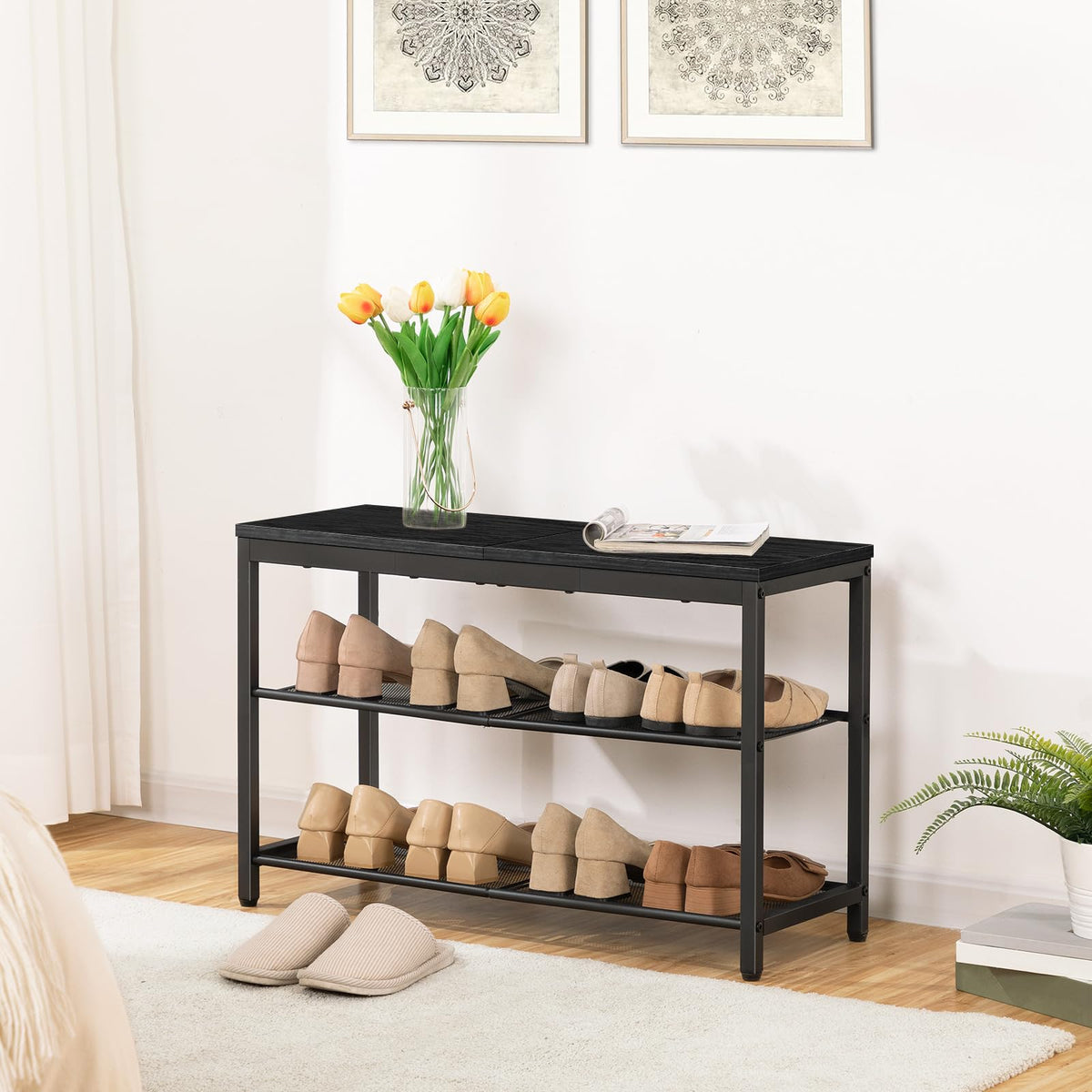 Industrial Shoe Bench, 3 Tier, Black, 29.5 Inch with Mesh Shelves