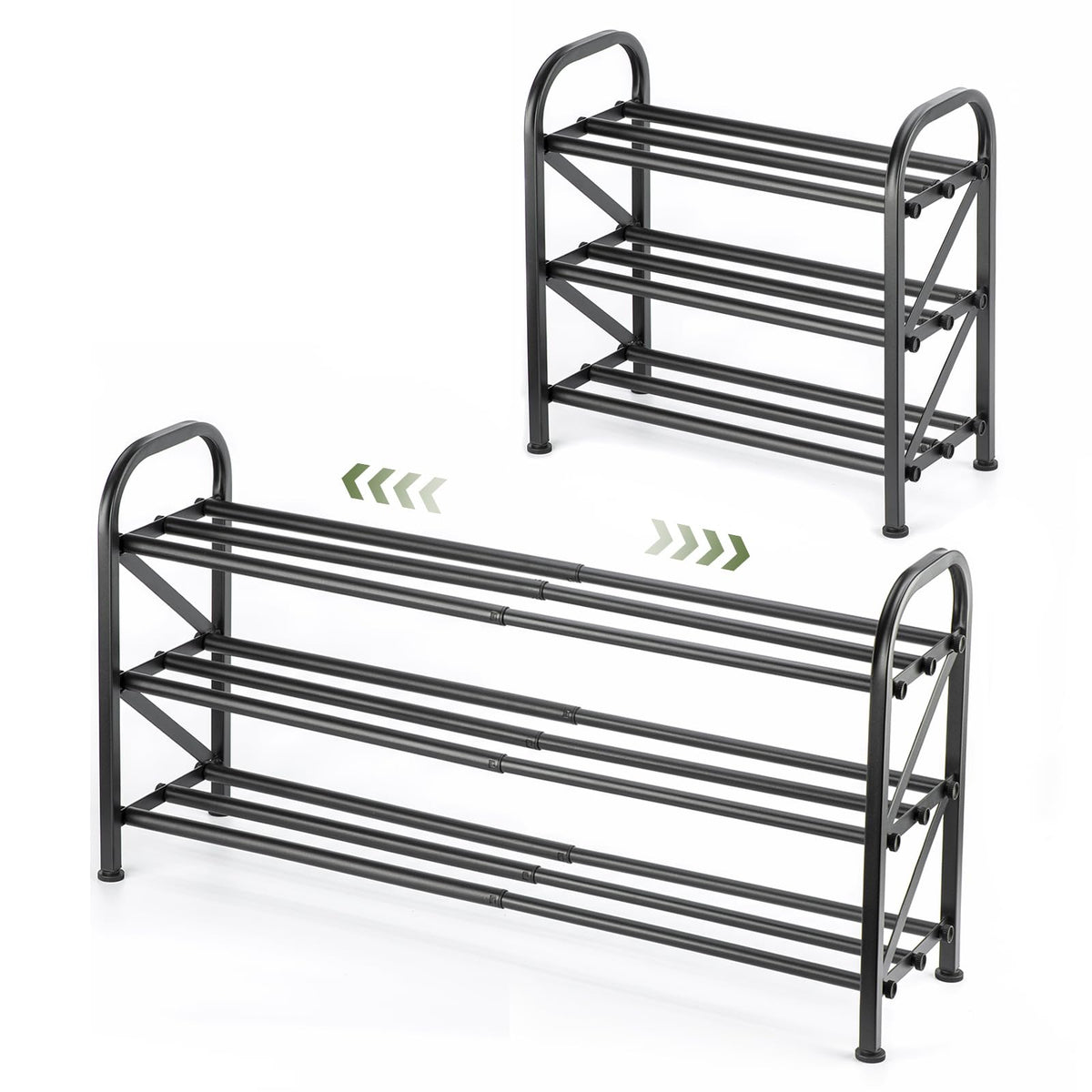 Narrow 3 Tier Shoe Rack, Expands 16 to 33 Inch, Black Metal Tubes