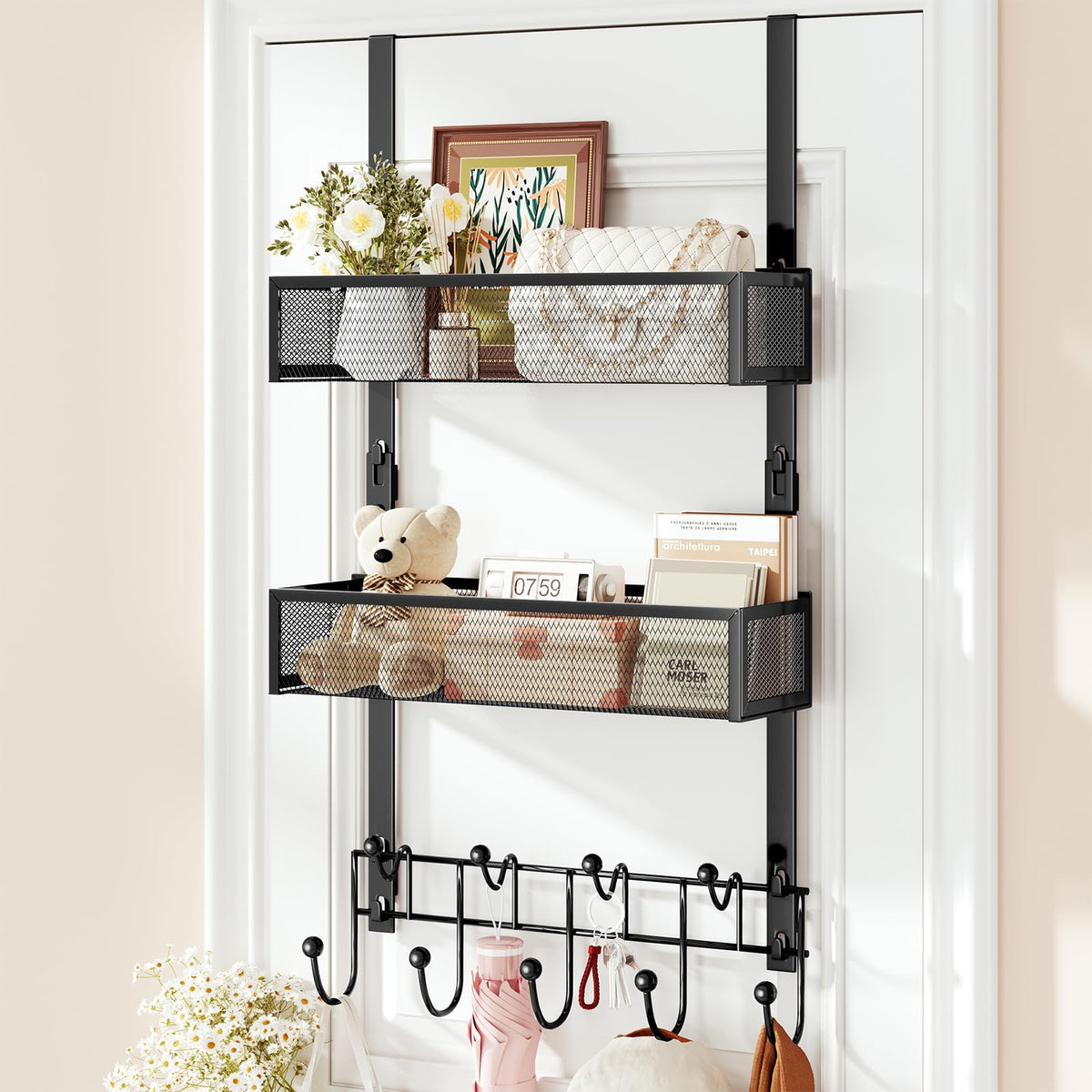 Over the Door Hook Rack with 2 Baskets and 9 Hooks, Black Steel
