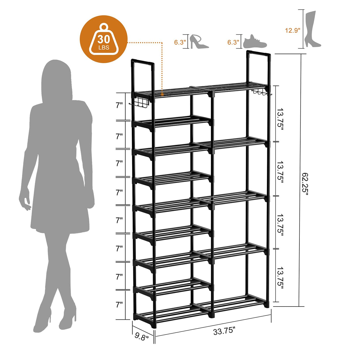 9 Tier Double Row Shoe Tower, Black Metal, Holds 30 to 35 Pairs