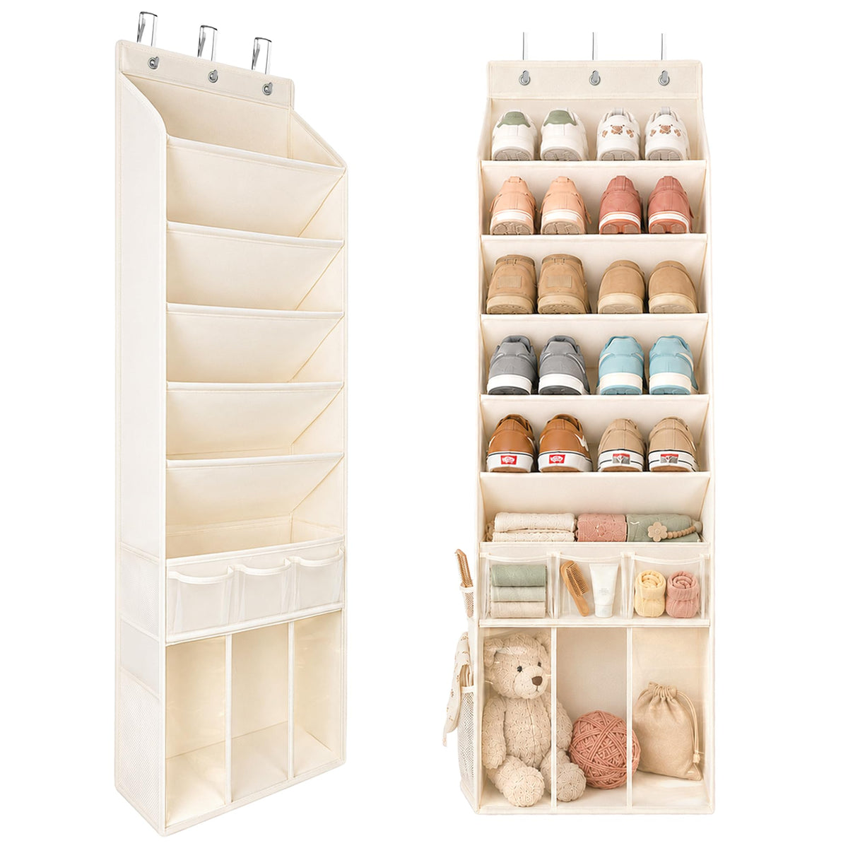 Over the Door Shoe Organizer with 5 Slanted Compartments, Beige