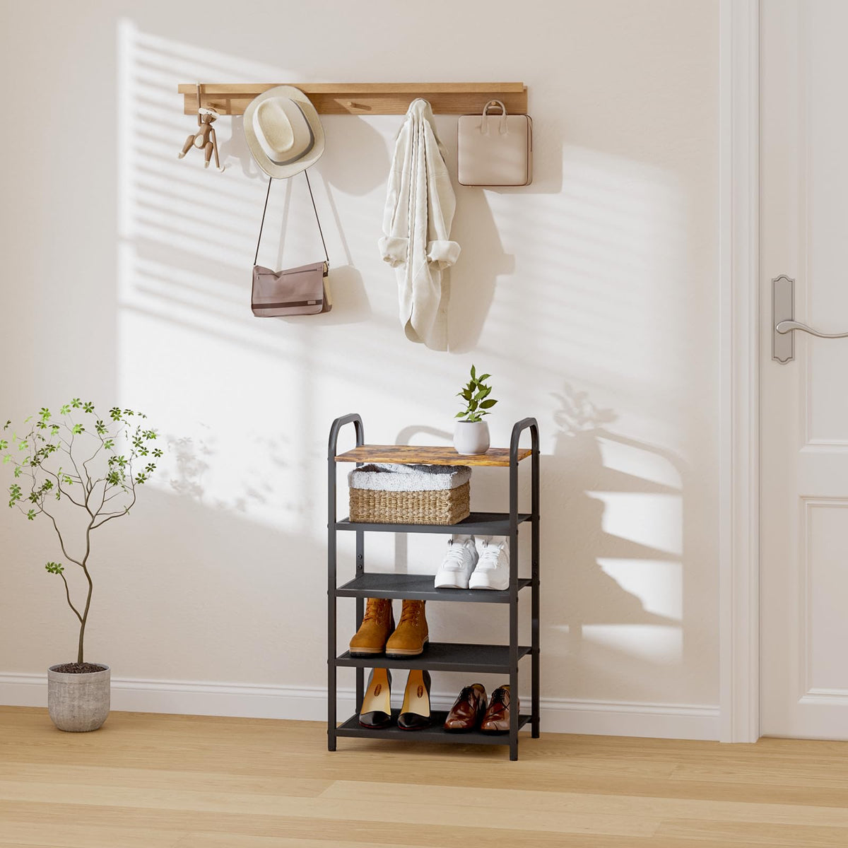 Narrow Metal Shoe Rack with Rustic Wood Top, 17 x 10.24 x 29.13 Inch