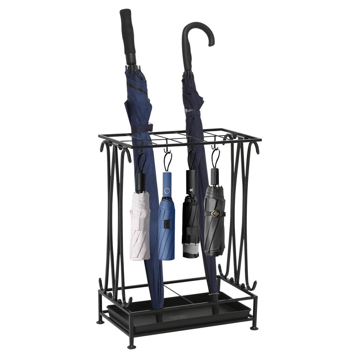 Umbrella Stand with 10 Slots and 8 Hooks, Black Metal with Drip Tray