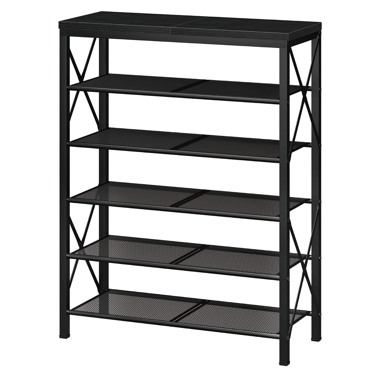 6-Tier Metal Shoe Organizer with Wood Top and Mesh Shelves, Black