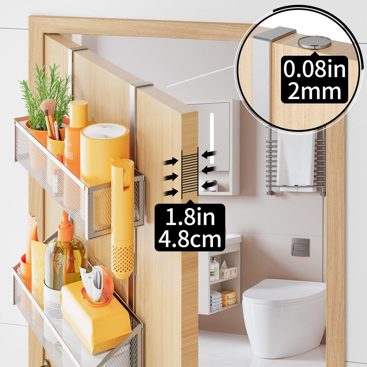 Silver Over the Door Organizer, 3 Tier Mesh Baskets with Hooks