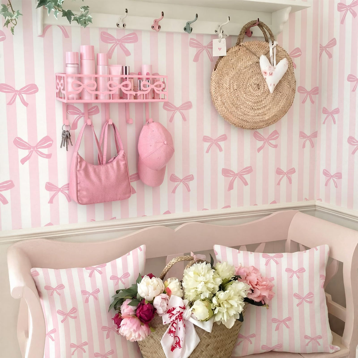 Pink Bow Wall Key Holder with Mail Basket and Hooks, Metal