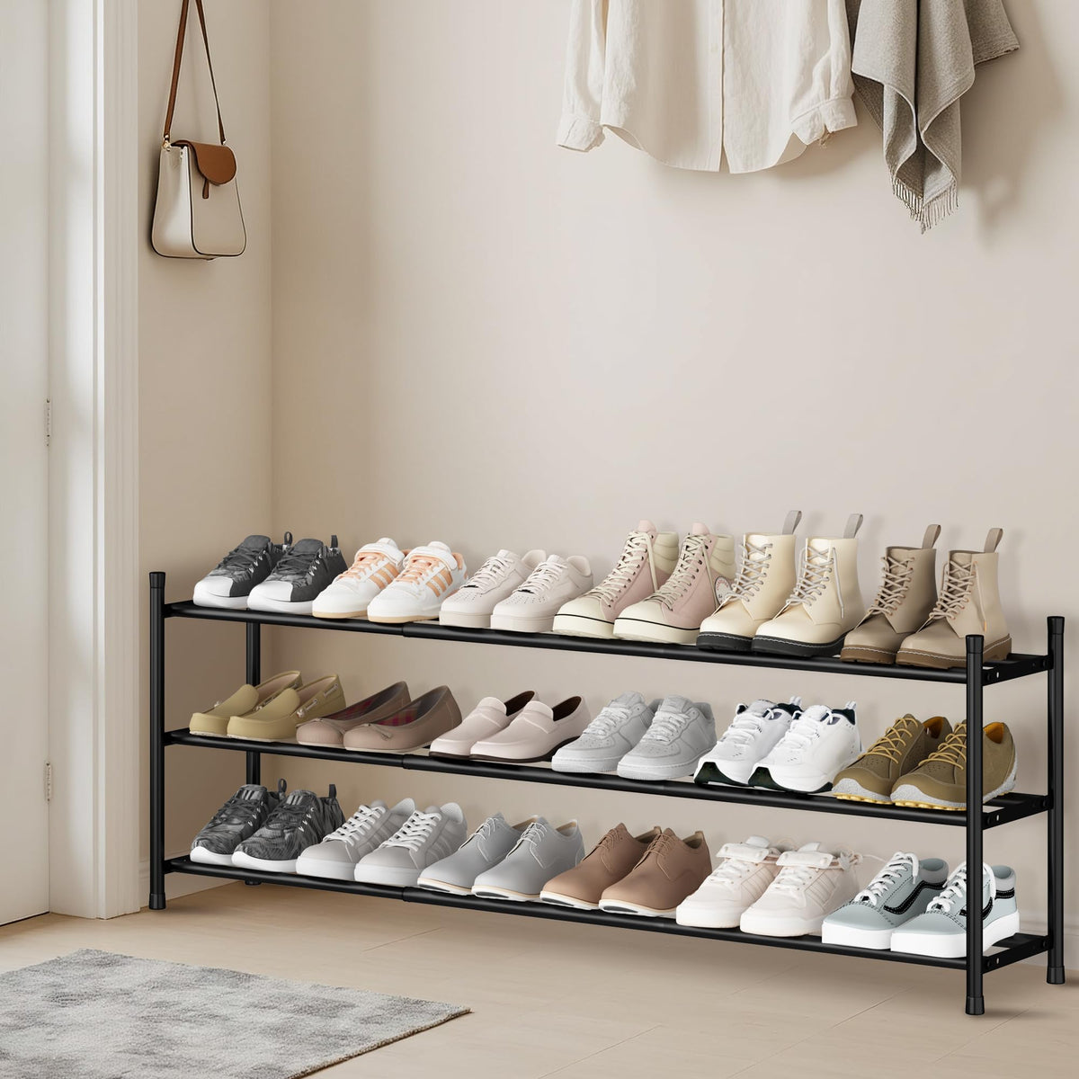 Long Expandable 3-Tier Shoe Rack for Up to 18 Pairs, Wide Shoe Organizer, Black