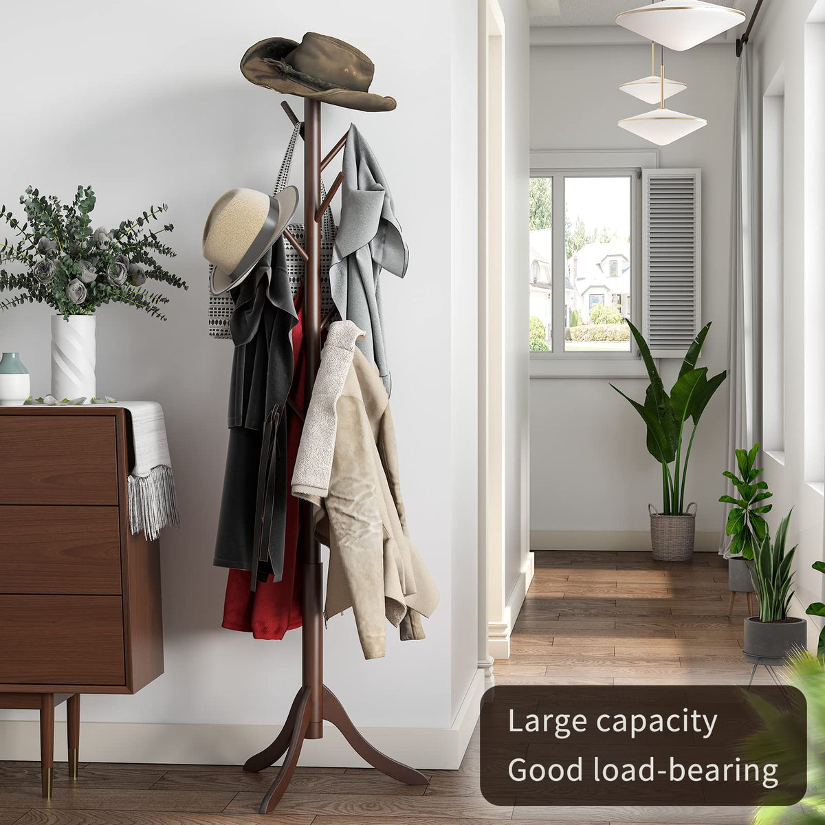 Bamboo Coat Rack Stand with 8 Hooks, 3 Height Options, Brown