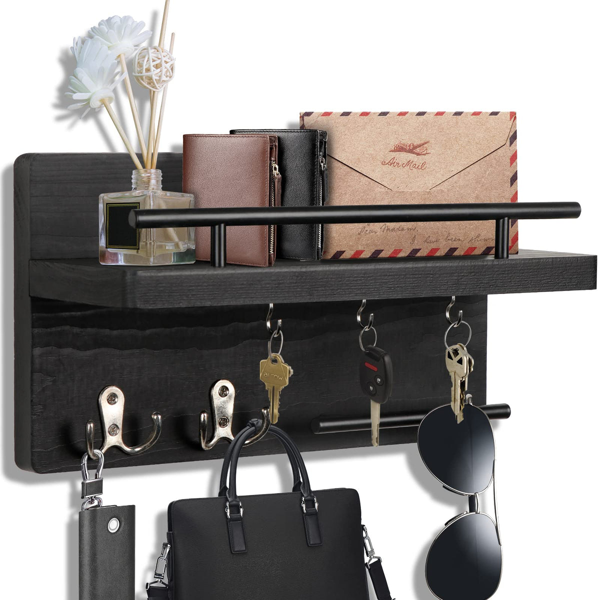 Wall Key Holder with Shelf, 5 Key Hooks, Black Metal and Pine