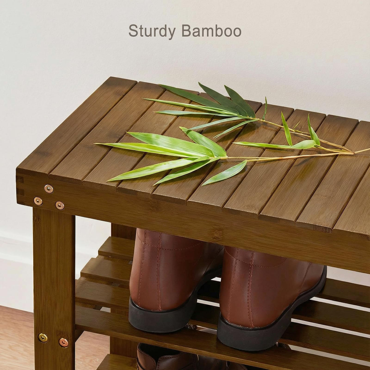 Bamboo Shoe Rack Bench, 3 Tier, Yellow Brown, 27.5 Inch Wide