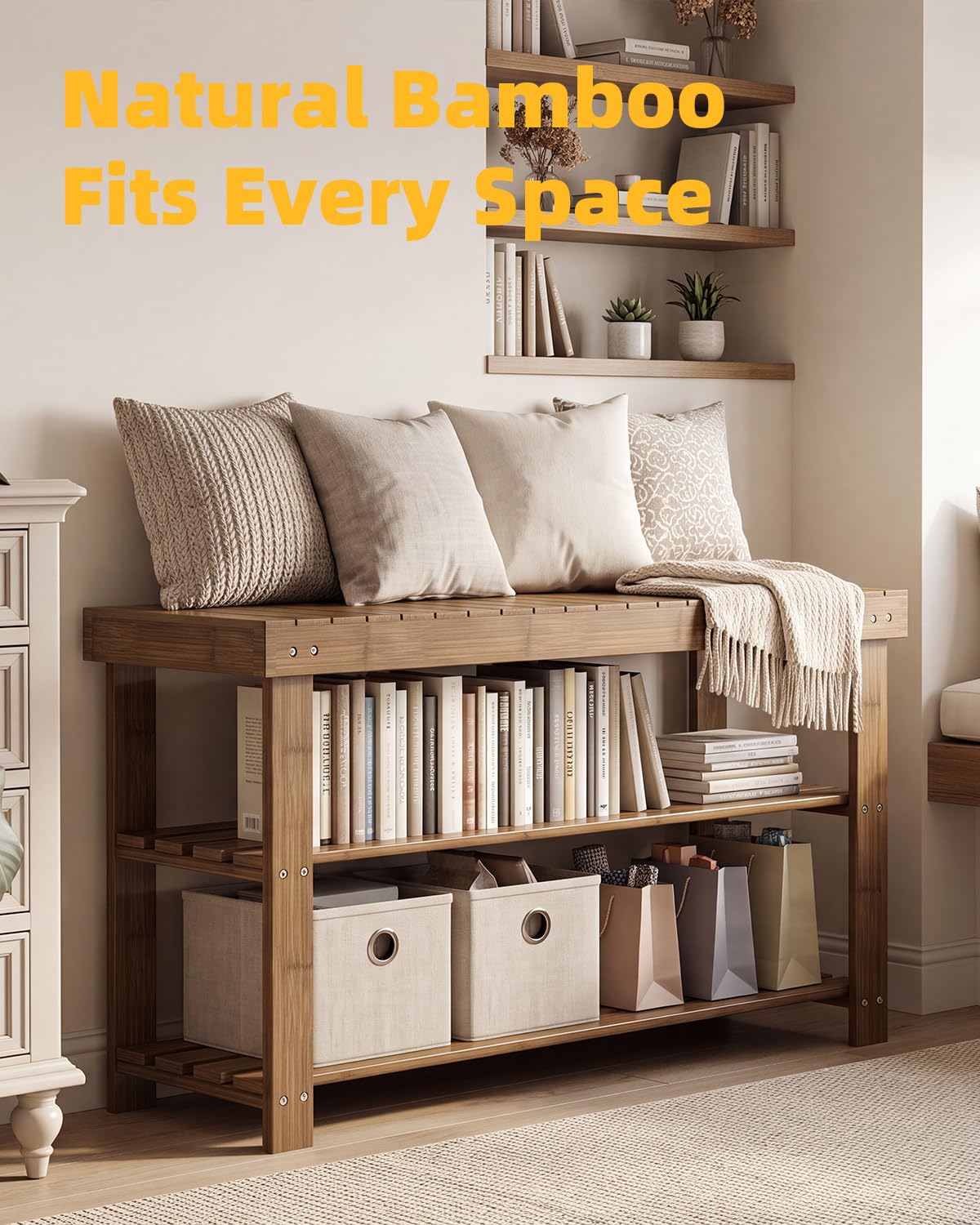 Walnut Bamboo Shoe Bench, 3 Tiers, 33.9 Inch Wide