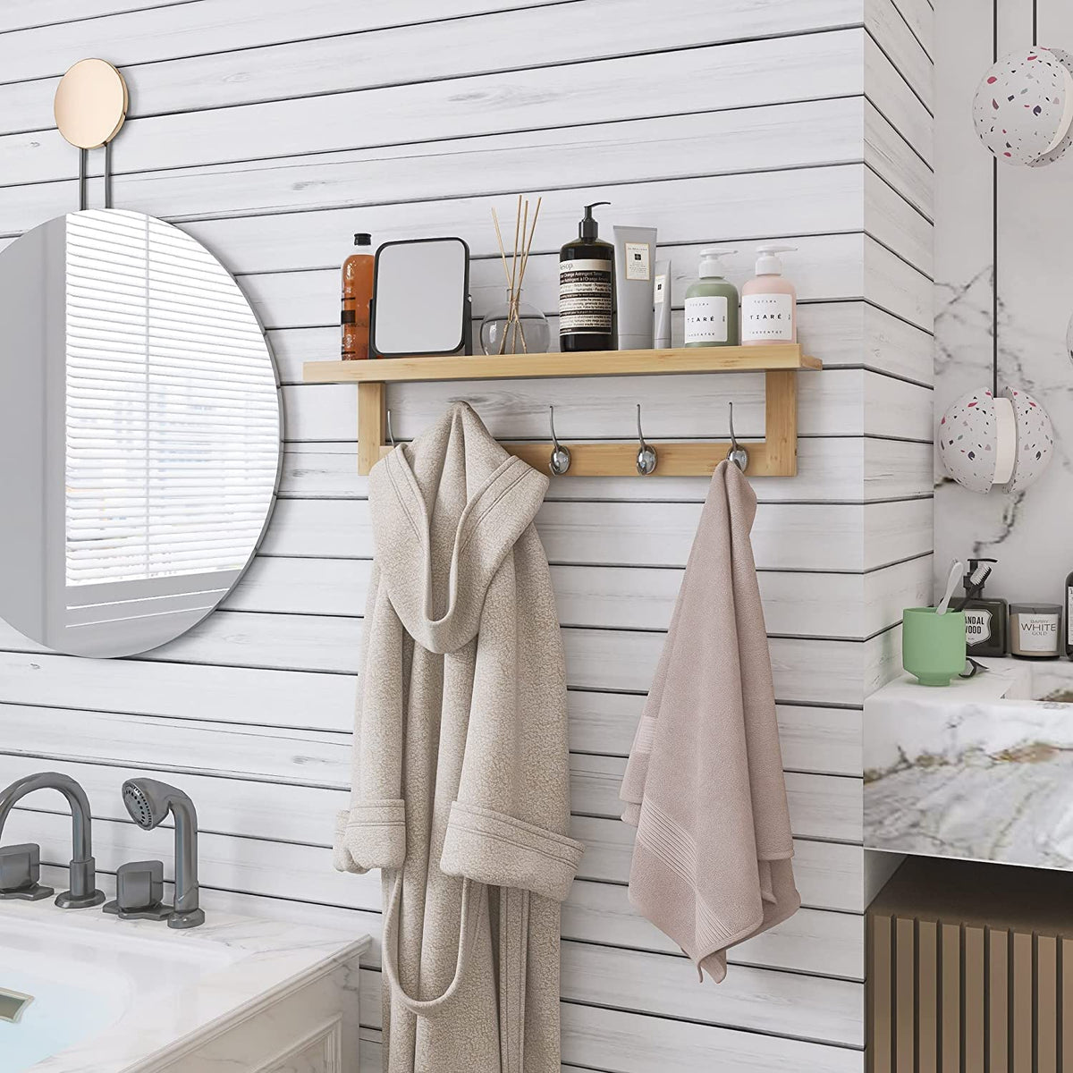 Natural Bamboo Coat Shelf with 5 Double Hooks, 29.2 Inch