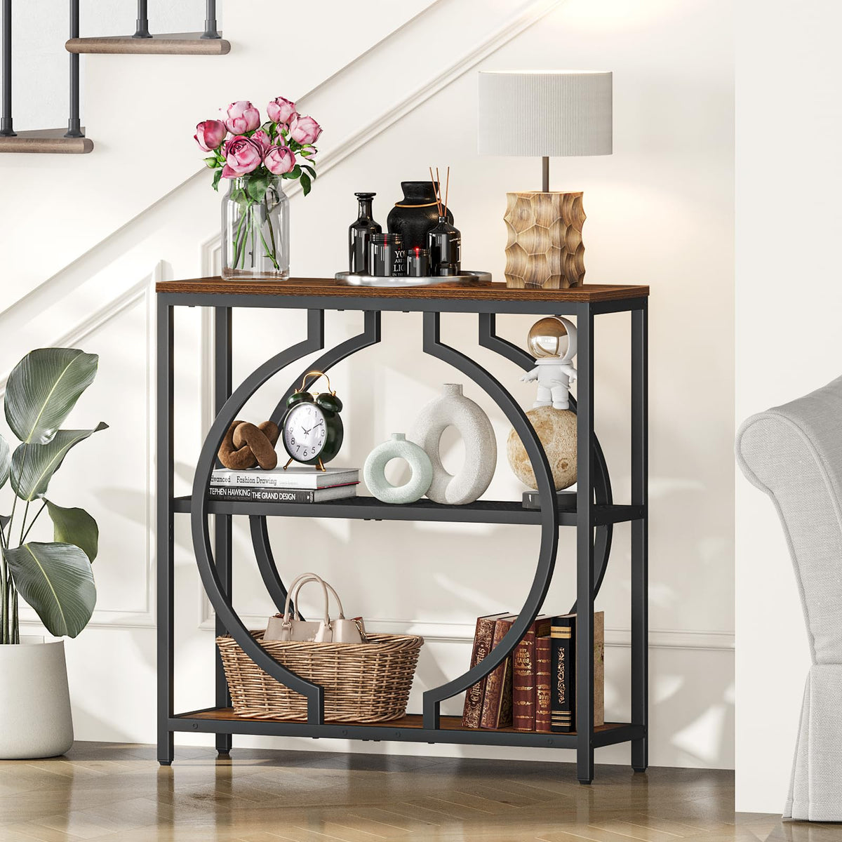 Round Frame Entryway Table with 3 Shelves, 29.5 Inch, Rustic Brown
