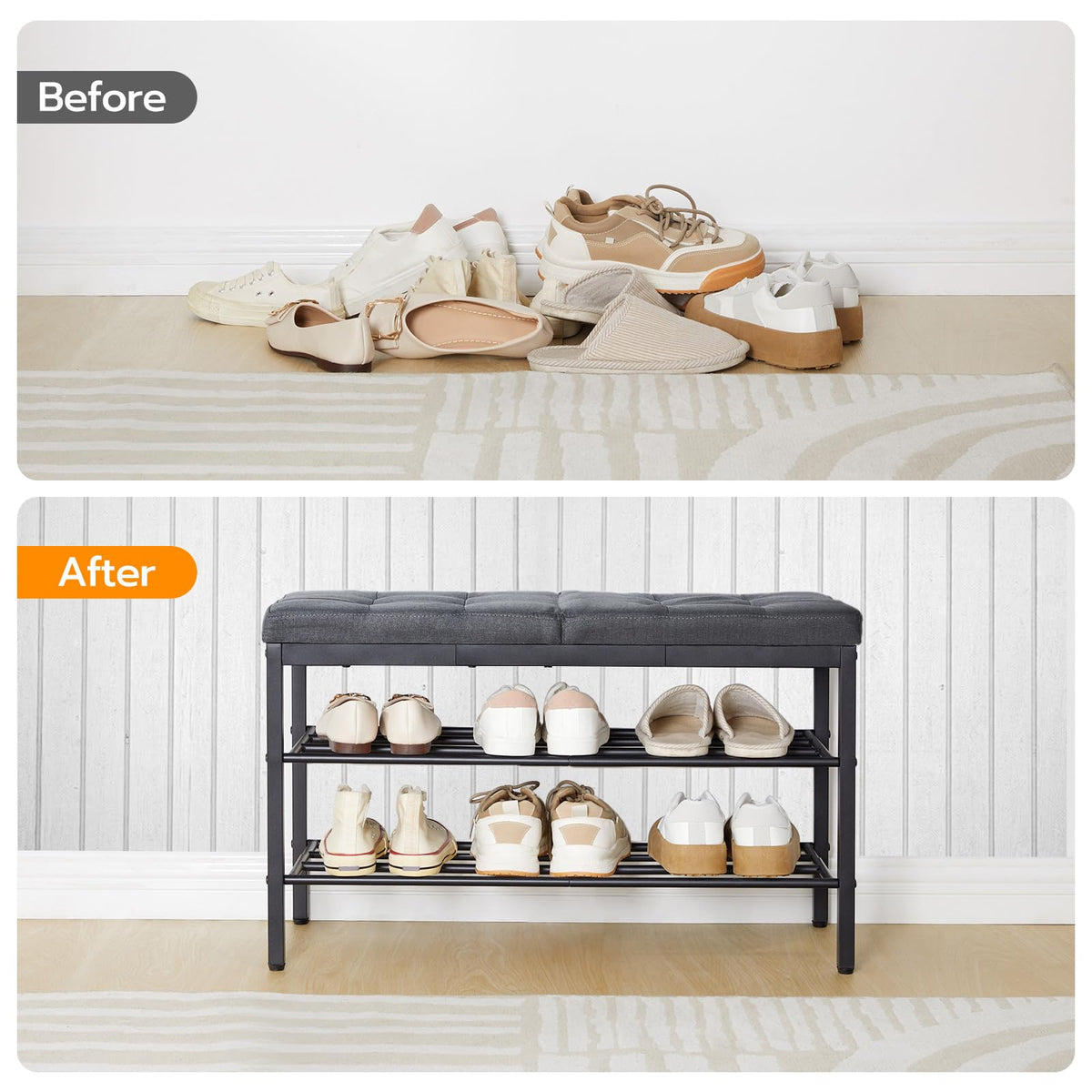 Cushioned Shoe Bench, 29.5 Inch Entryway Seat with Shoe Shelf, Dark Gray