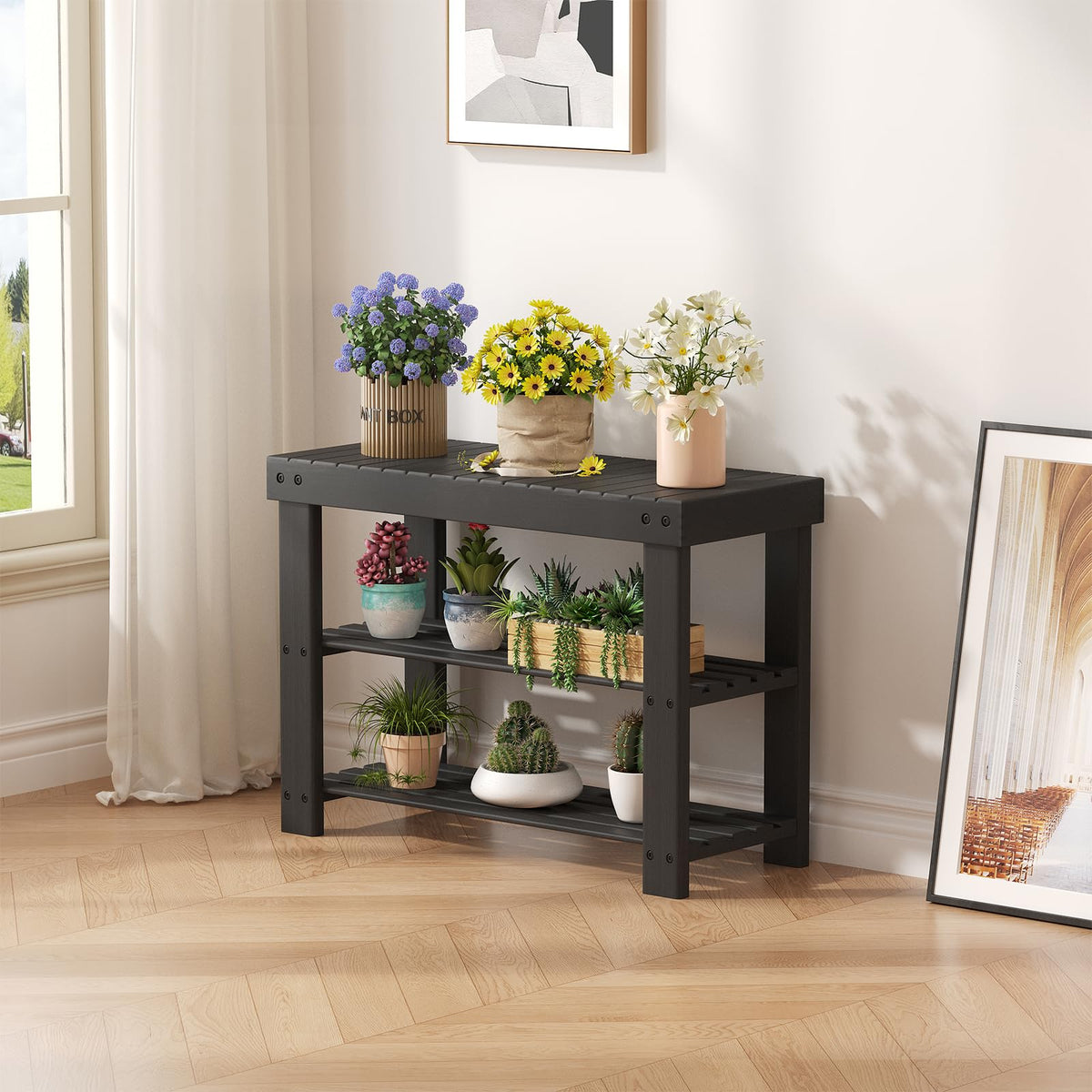 3 Tier Bamboo Entryway Bench, Black, 28 Inch Shoe Storage Seat