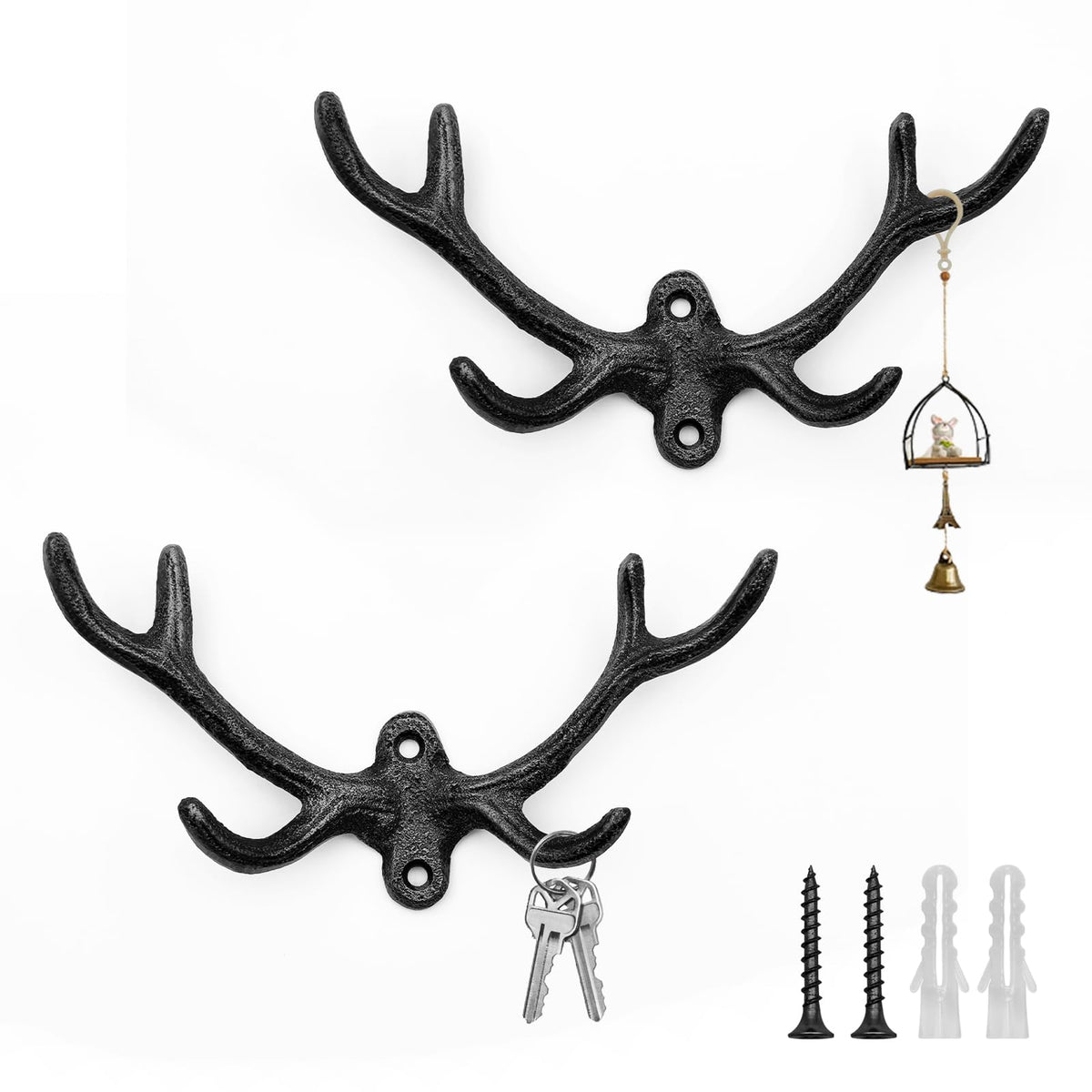Cast Iron Antler Wall Hooks, 2 Pack, Rustic Black