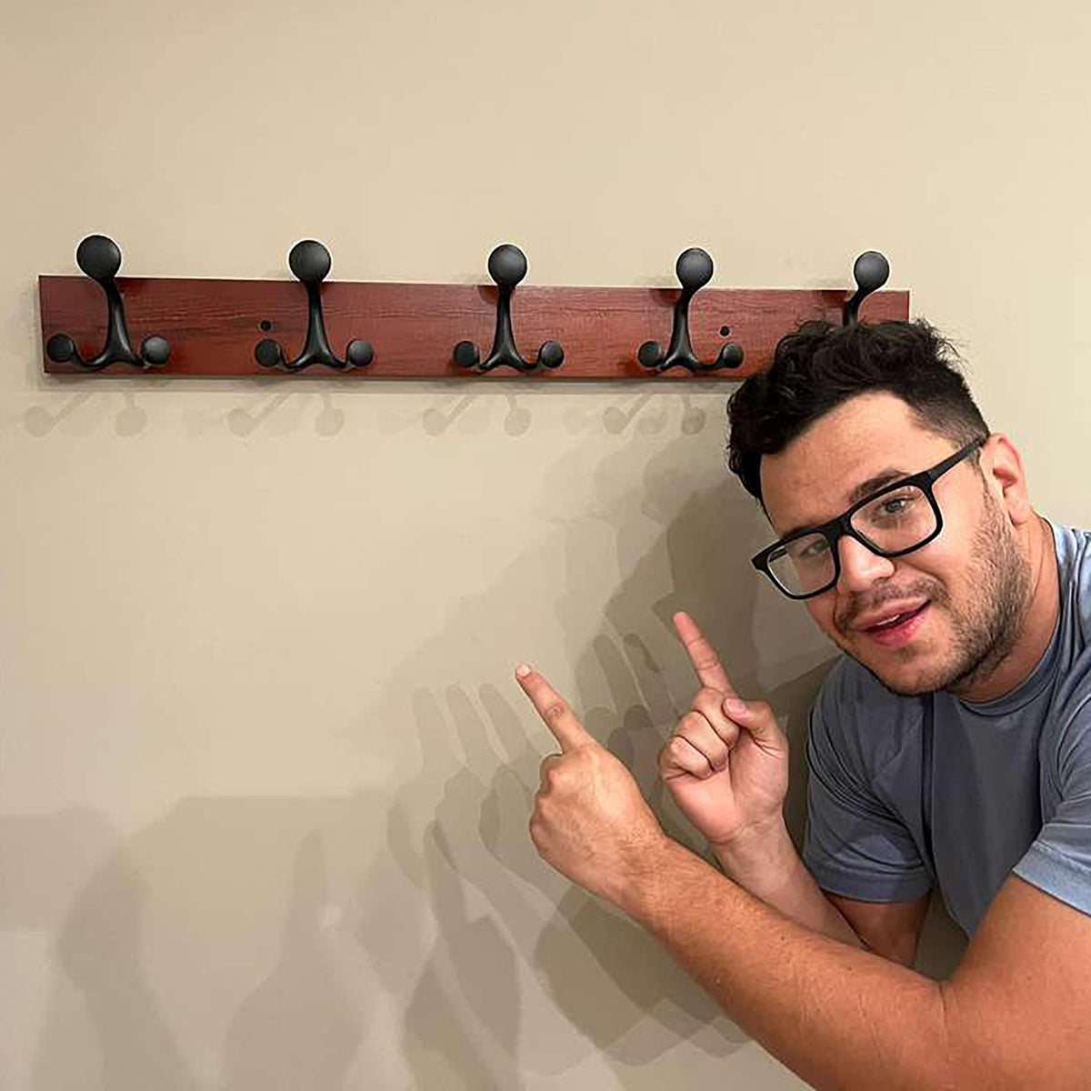 24 Inch Cherry Coat Rack with 5 Triple Hooks, Wall Mount