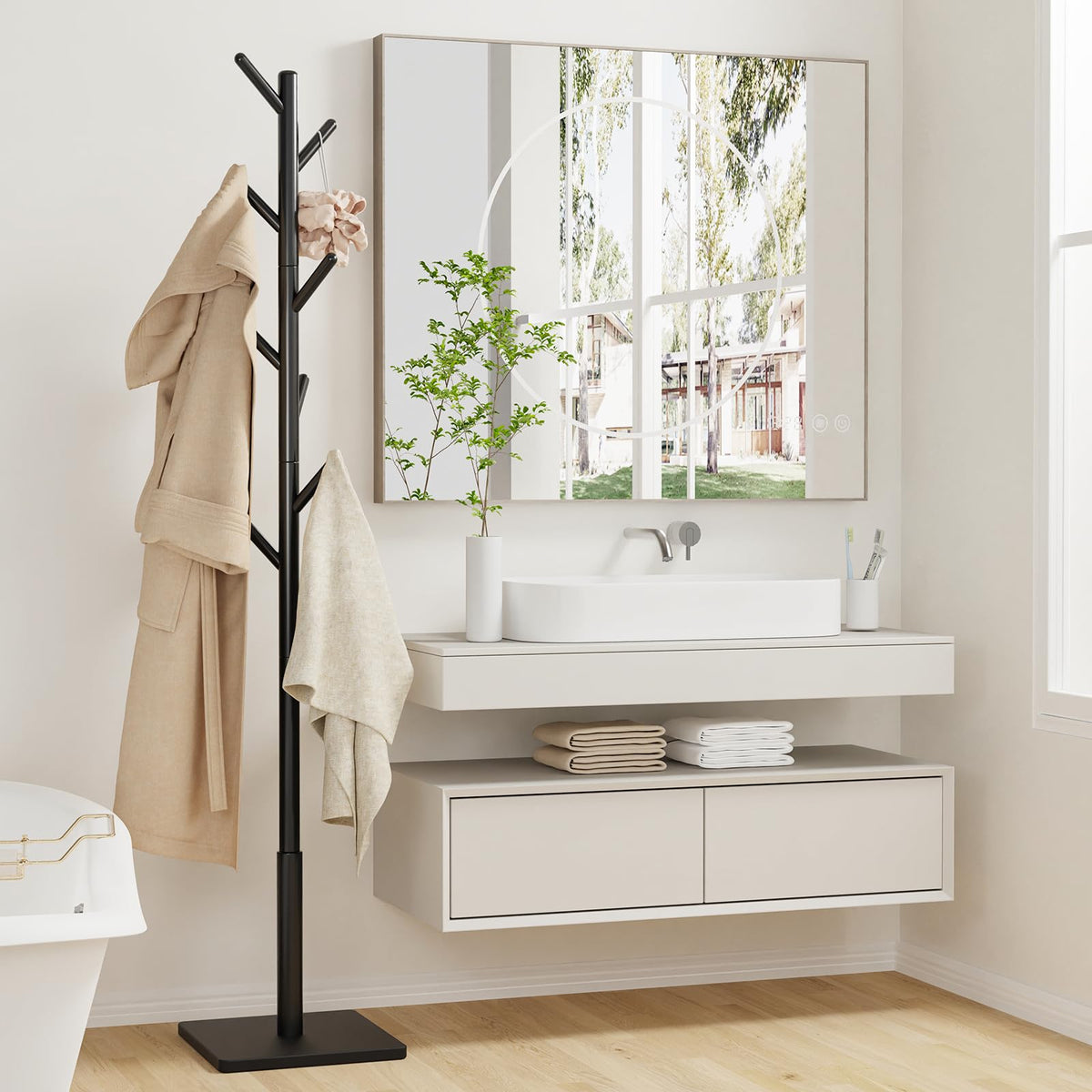 Solid Wood Coat Tree with 8 Staggered Hooks, 70.9 Inch, Black