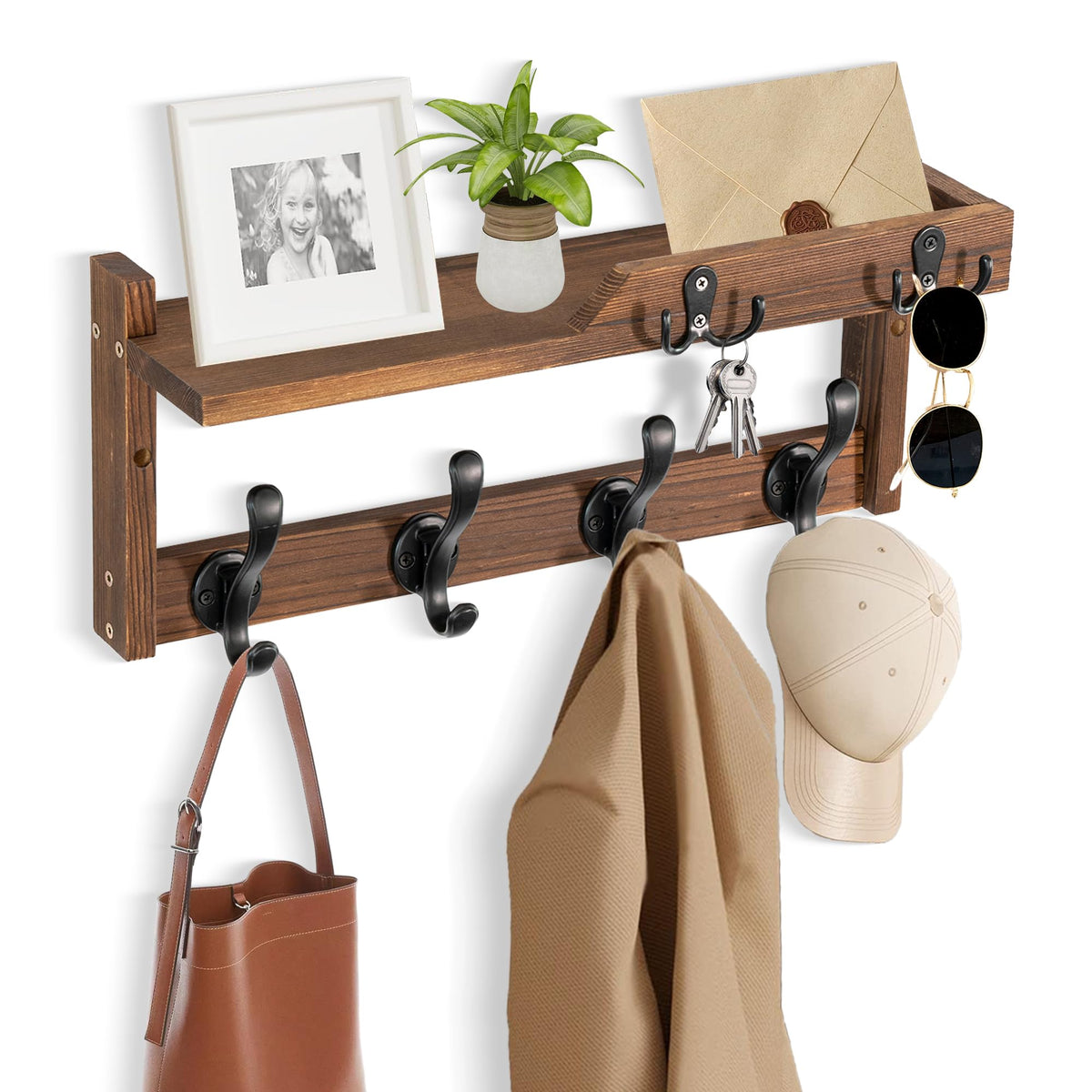 4-in-1 Wall Organizer, 16.6 Inch, Coat Hooks, Key Holder and Mail Slot