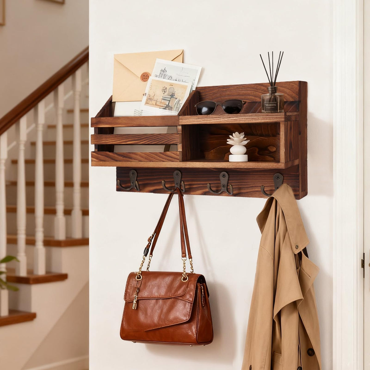 Pine Wood Key and Mail Holder, 15 Inch Wall Organizer, Brown