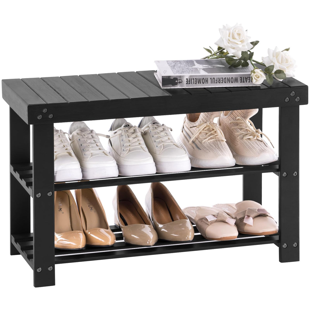 Bamboo Shoe Bench, 3 Tier Entryway Shoe Rack, 27.6 Inch, Black