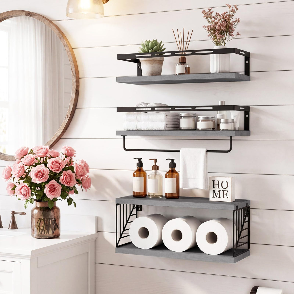 Gray Wood Bathroom Wall Shelf Set, 3 Plus 1 with Guard Rails