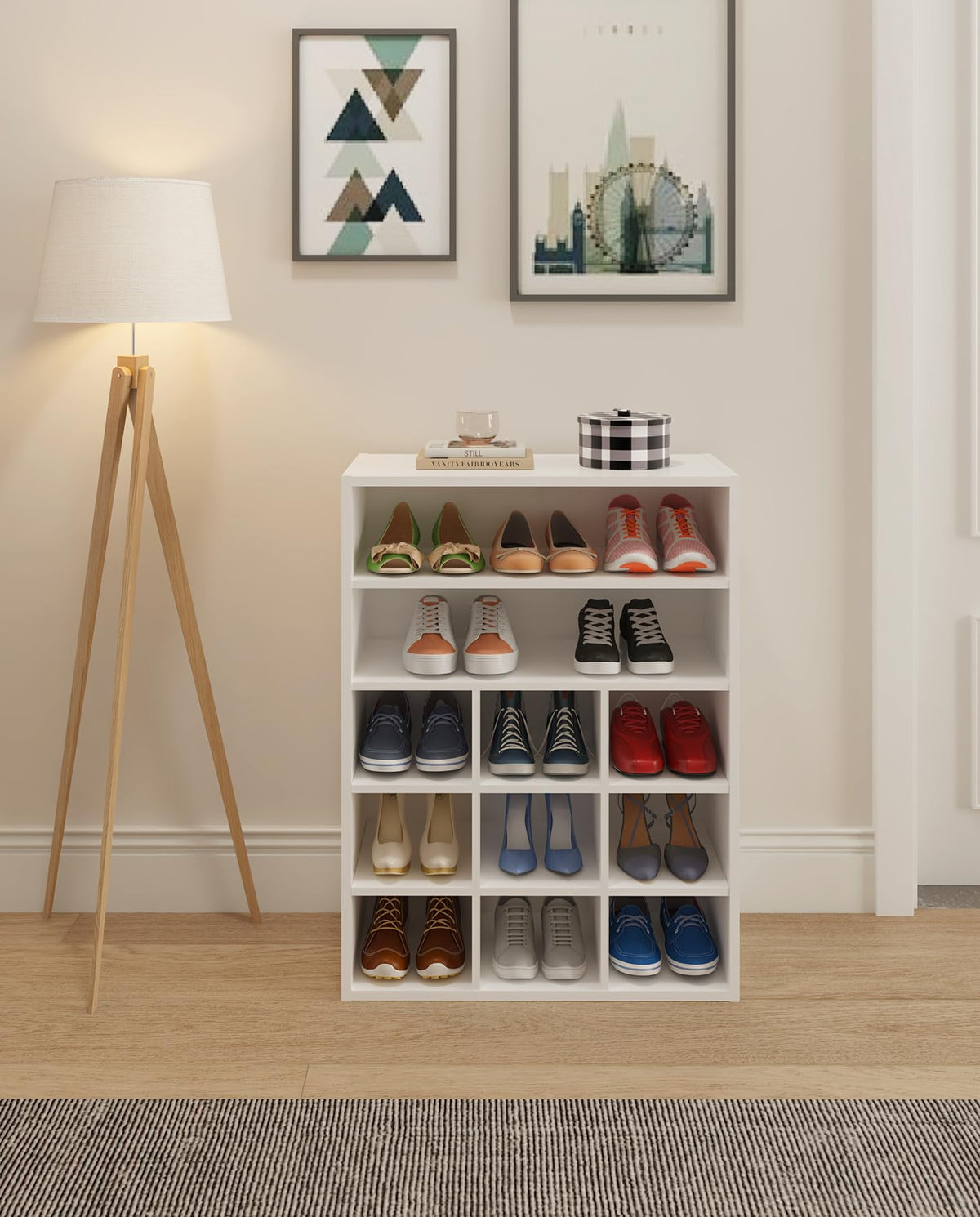 9 Cube Shoe Cubby with 2 Shelves, 23.6 Inch, White Wood