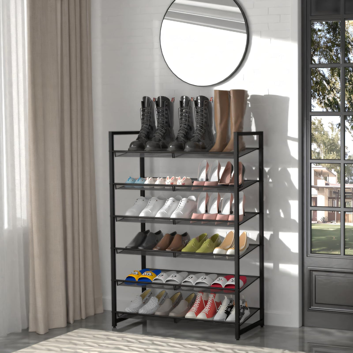6-Tier Black Metal Shoe Rack with Flat or Angled Mesh Shelves