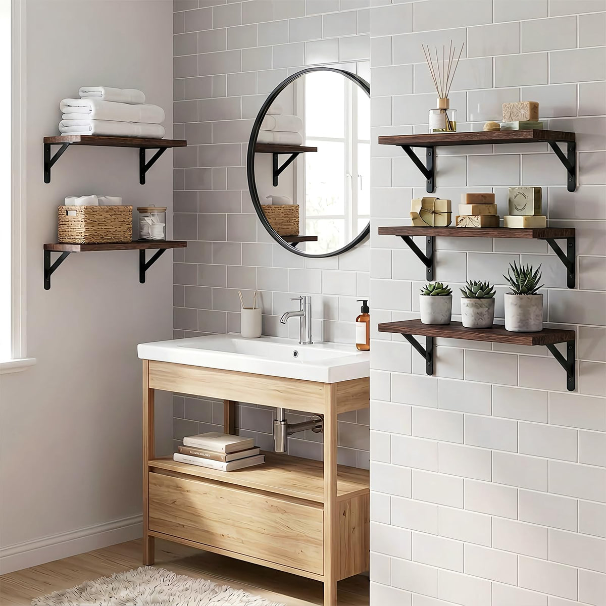 Brown Wood Floating Shelves, Set of 5, 16.5 Inch with Metal Brackets