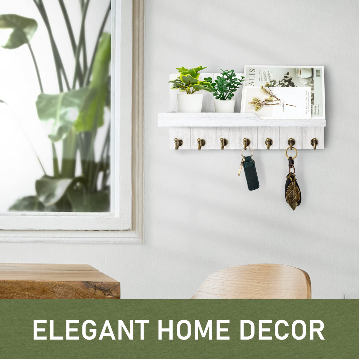White Wall Key Rack with Shelf, 7 Hooks, 15 Inch Wood