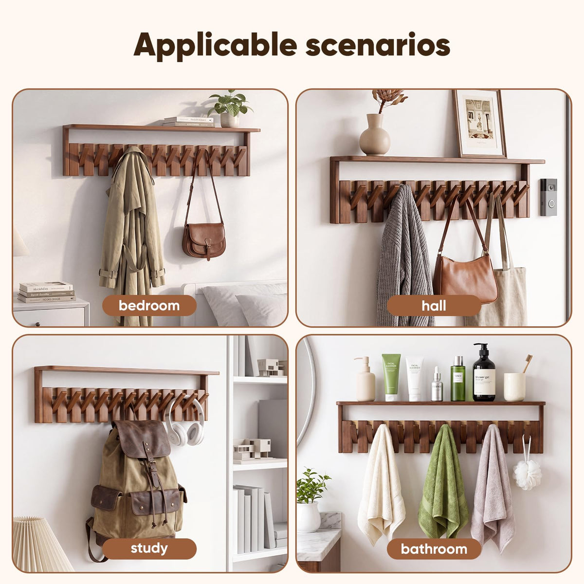 Walnut Wall Coat Rack with Top Shelf and 12 Flip-Down Hooks