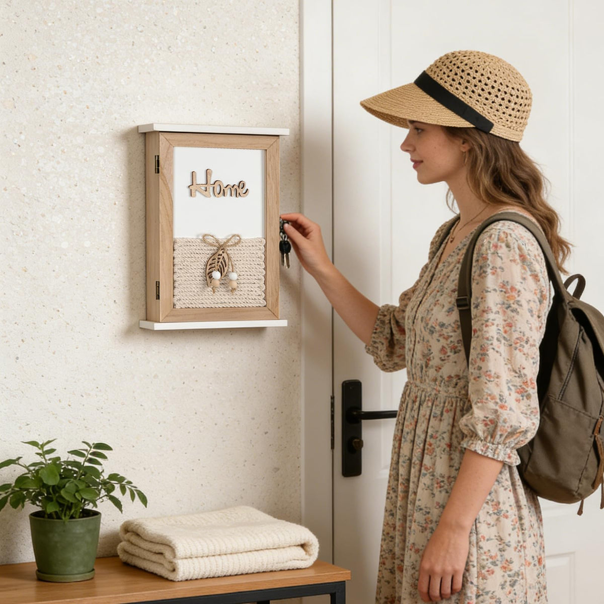 Rustic Wood Key Box with 6 Hooks and Hidden Door, Jute Rope Accent
